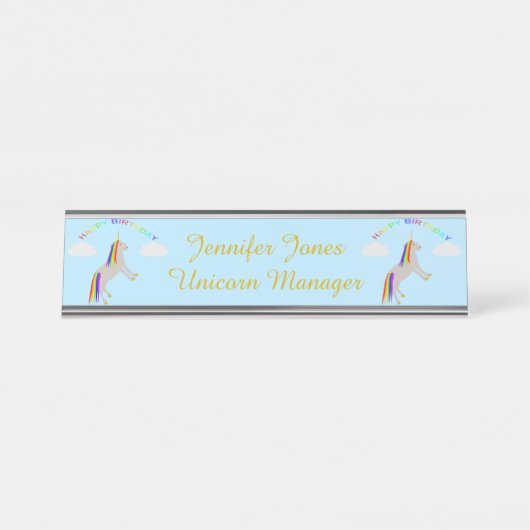 Fantasy Birthday Unicorn Rainbow en Clouds Custom Bureau Naambordje (Voorkant)