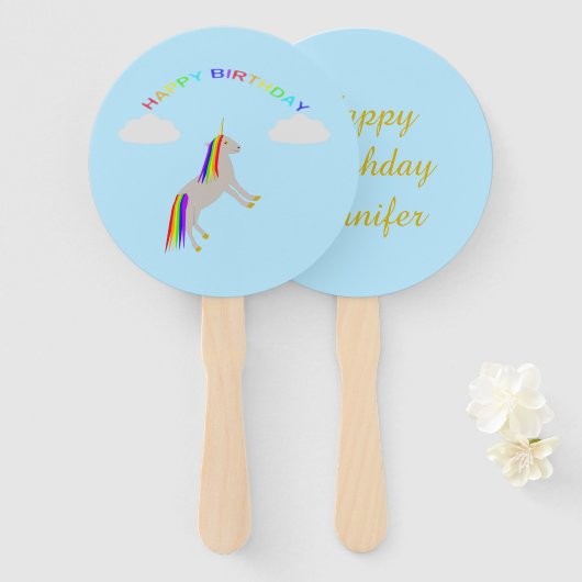 Fantasy Birthday Unicorn Rainbow en Clouds Custom Handwaaier (Voorkant en achterkant)