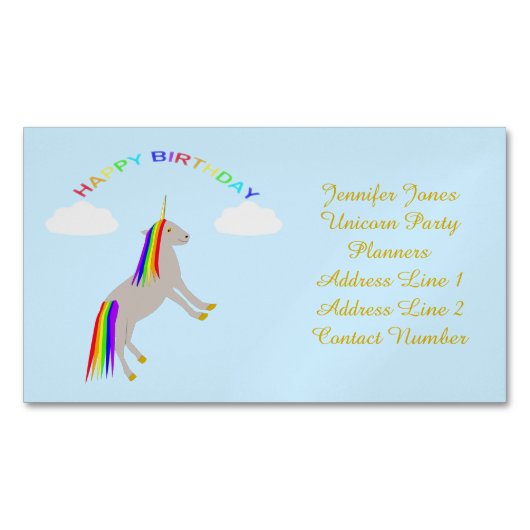 Fantasy Birthday Unicorn Rainbow en Clouds Custom Magnetisch Visitekaartje (Voorkant)