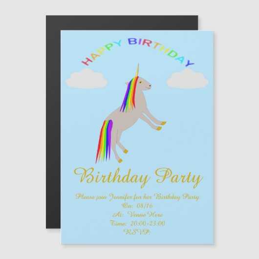 Fantasy Birthday Unicorn Rainbow en Clouds Custom Magnetische Uitnodiging (Voorkant / Achterkant)