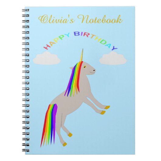 Fantasy Birthday Unicorn Rainbow en Clouds Custom Notitieboek (Voorkant)