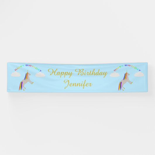 Fantasy Birthday Unicorn Rainbow en Clouds Custom Spandoek (Horizontaal)