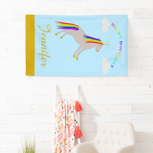 Fantasy Birthday Unicorn Rainbow en Clouds Custom Spandoek (Insitu)