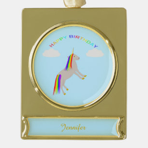 Fantasy Birthday Unicorn Rainbow en Clouds Custom Verguld Banner Ornament