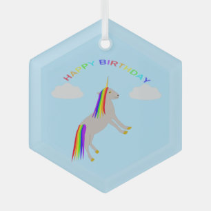 Fantasy Birthday Unicorn Rainbow en Clouds Glas Ornament