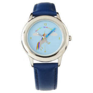 Fantasy Birthday Unicorn Rainbow en Clouds Horloge