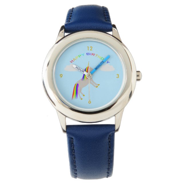 Fantasy Birthday Unicorn Rainbow en Clouds Horloge (Voorkant)
