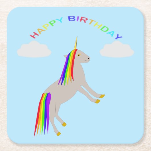 Fantasy Birthday Unicorn Rainbow en Clouds Kartonnen Onderzetters (Voorkant)