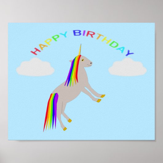 Fantasy Birthday Unicorn Rainbow en Clouds Poster (Voorkant)