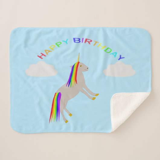 Fantasy Birthday Unicorn Rainbow en Clouds Sherpa Deken (Voorkant (horizontaal))