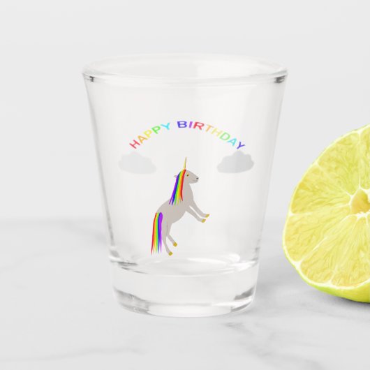 Fantasy Birthday Unicorn Rainbow en Clouds Shot Glas (Voorkant)