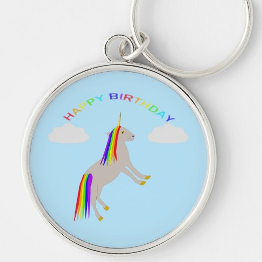 Fantasy Birthday Unicorn Rainbow en Clouds Sleutelhanger (Voorkant)