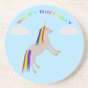 Fantasy Birthday Unicorn Rainbow en Clouds Zandsteen Onderzetter