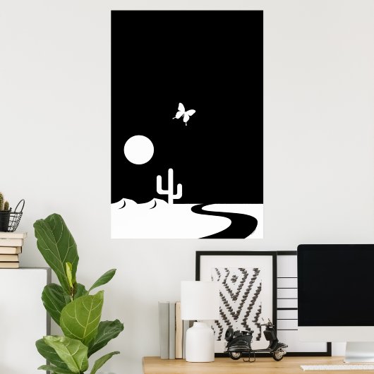 Fantasy Black/White Moonlight Butterfly Desert Poster (Thuiskantoor)