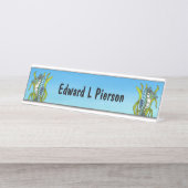 Fantasy Blauw Wit Zeepaardjes Groen Zeewier Blues Bureau Naambordje (Voorkant)