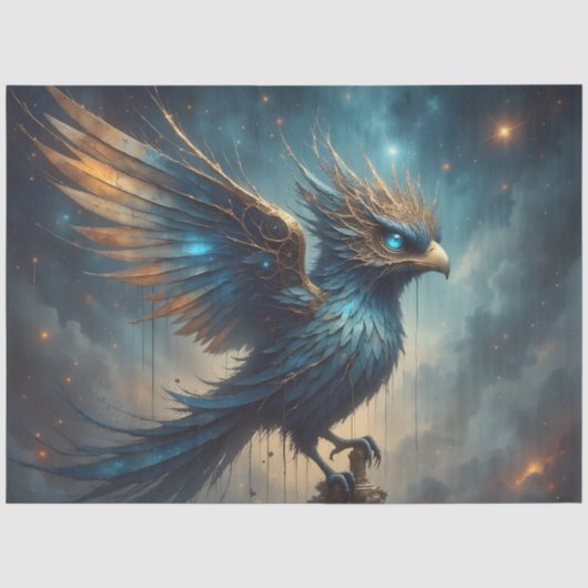 Fantasy Blauwe Phoenix Vogel Decoupage Papier (Voorkant)