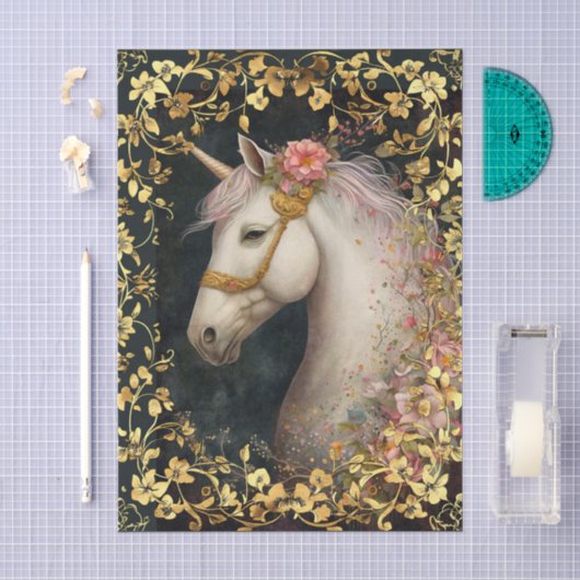 Fantasy Bloem Wit Eenhoorn & Gouden Lijst Tissuepapier (Craft)