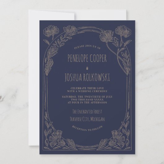 Fantasy Bloemen Navy Blauwe Gouden Betoverde Trouw Kaart (Voorkant)