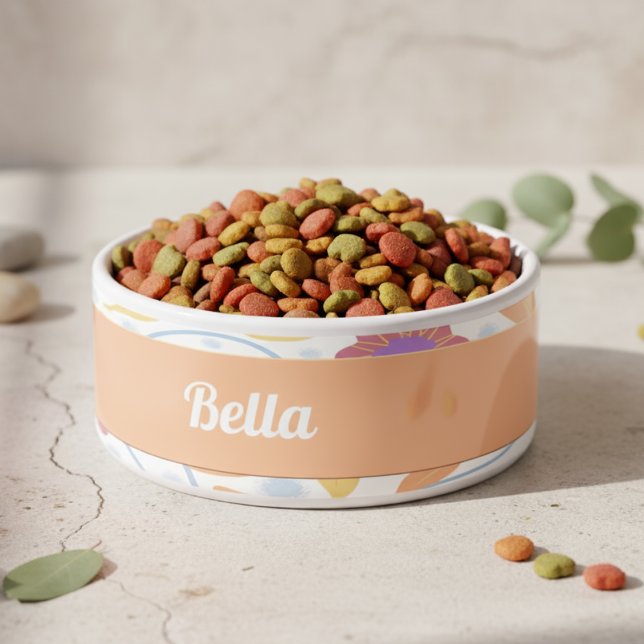 Fantasy Bloemen Perzik Blauw Wit Keramisch Kom voo (Cute pastel customizable food bowl for your furry friend.)