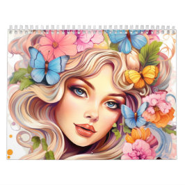 Fantasy Bloemen Vrouwen Kleurrijke Kapsel Kalender