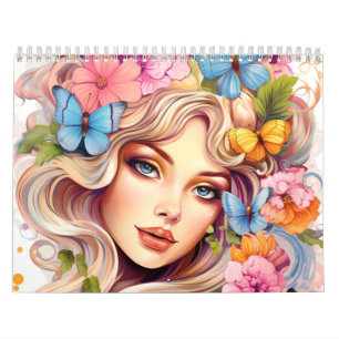Fantasy Bloemen Vrouwen Kleurrijke Kapsel Kalender