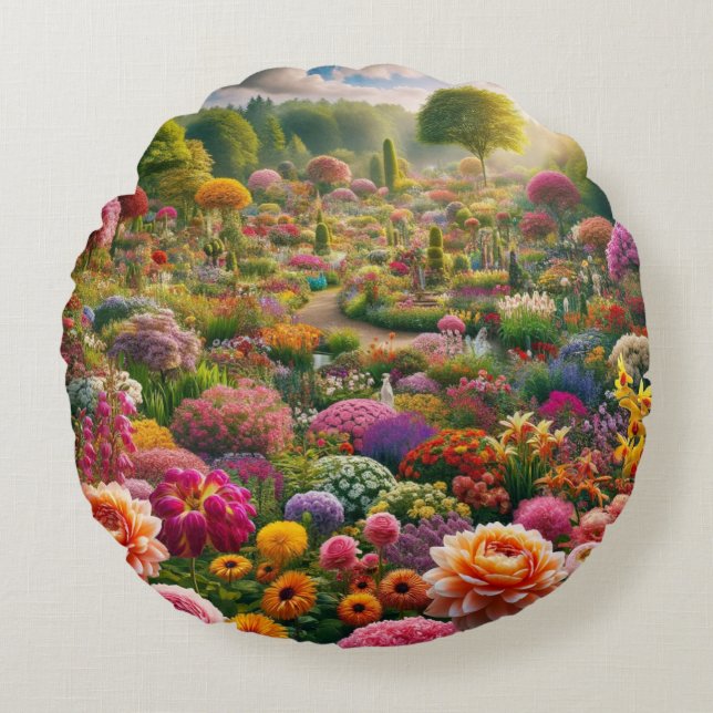 Fantasy Bloementuin Ronde Kussen (Voorkant)