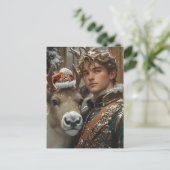 Fantasy blond man en rendier kerst briefkaart (Staand voorkant)