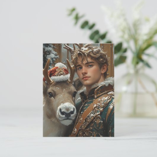 Fantasy blond man en rendier kerst briefkaart (Staand voorkant)