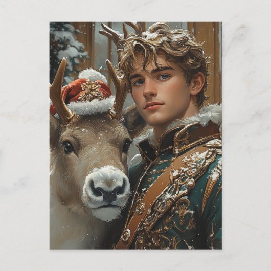 Fantasy blond man en rendier kerst briefkaart (Voorkant)