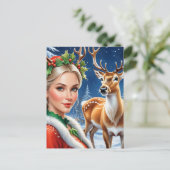 Fantasy blonde vrouw en hert Kerstmis Briefkaart (Staand voorkant)