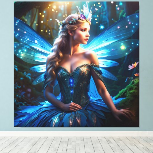 Fantasy Blue Dragonfly Fairy Prinses Canvas Afdruk (Insitu (Houten vloer))