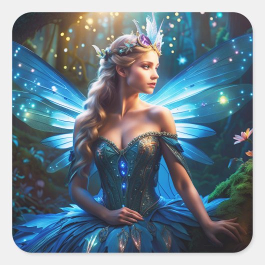 Fantasy Blue Dragonfly Fairy Prinses Vierkante Sticker (Voorkant)