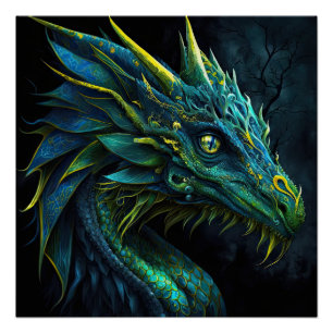 Fantasy blue green dragon met gele ogen AI art Perfect Poster