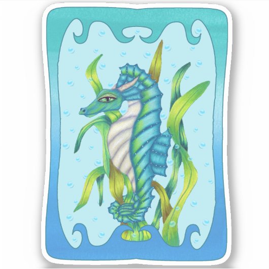 Fantasy Blue Green Seahorse Dragon Seaweed Lijst Sticker (Voorkant)