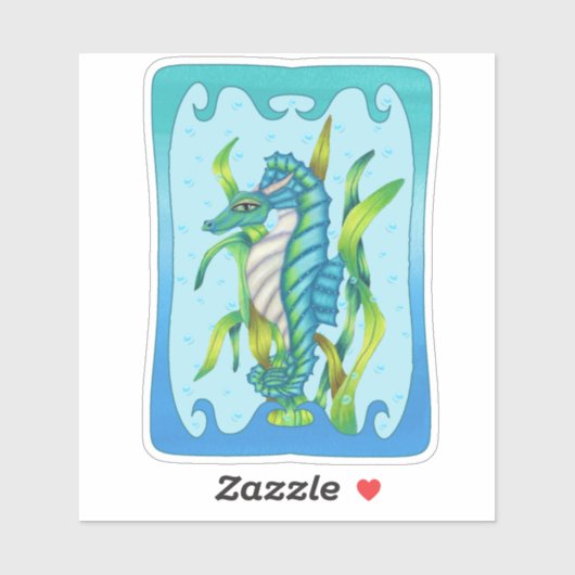 Fantasy Blue Green Seahorse Dragon Seaweed Lijst Sticker (Vel)
