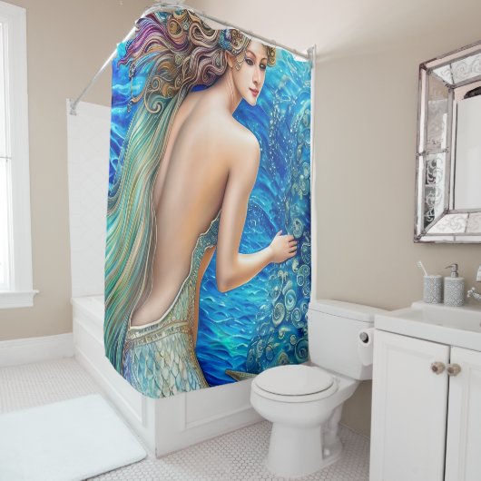 Fantasy Blue Mermaid Ocean Waves Art Douchegordijn (In situ)
