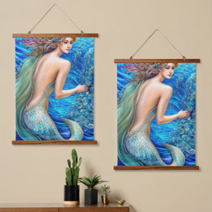 Fantasy Blue Mermaid Ocean Waves Art Hangend Wandkleed