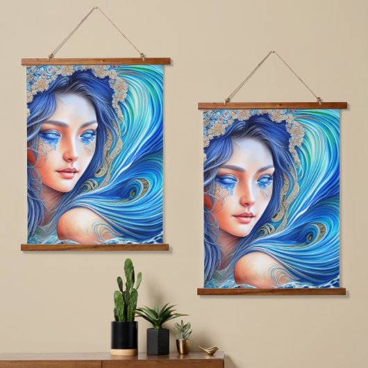 Fantasy Blue Ocean Wave Goddess Abstracte Art Hangend Wandkleed (Asymmetrisch)