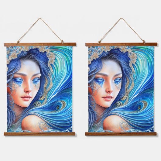 Fantasy Blue Ocean Wave Goddess Abstracte Art Hangend Wandkleed (Dubbel)