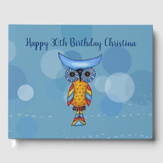 Fantasy Blue Yellow Owl Big Eyes cirkels Dashes Gastenboek (Voorkant)