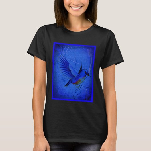 Fantasy Bluebird op blauwe Natuur kunst T-shirt (Voorkant)