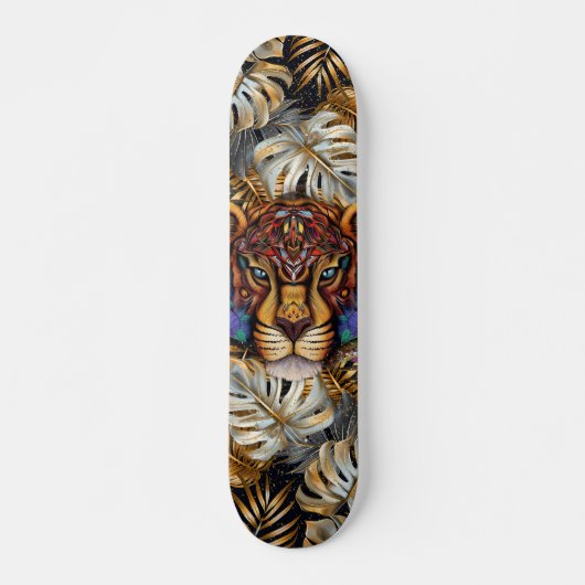 Fantasy Boho Jungle Tijger Hoofd Mixed Media Persoonlijk Skateboard (Voorkant)