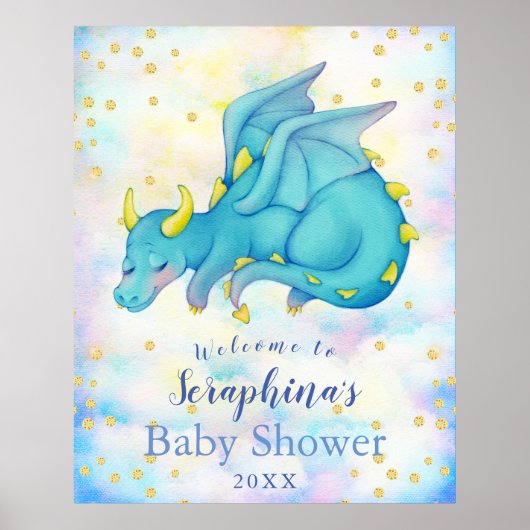 Fantasy Boys Blue Dragon Baby shower Welkom Poster (Voorkant)
