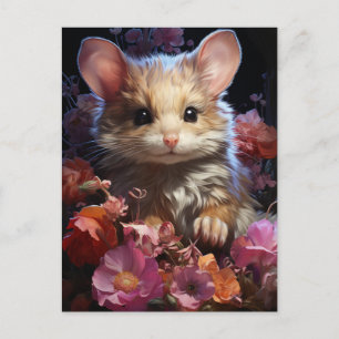Fantasy Brown pluizige muis in de bloemen Briefkaart