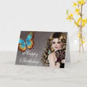 Fantasy Brunette met Butterfly Birthday Kaart (Gele Bloem)