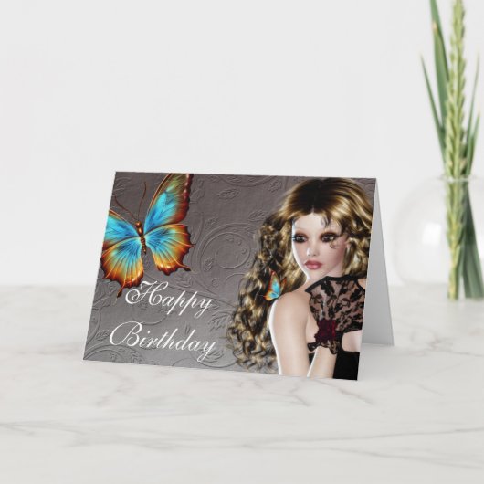 Fantasy Brunette met Butterfly Birthday Kaart (Voorkant)