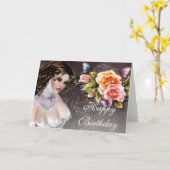 Fantasy Brunette met Rozen Birthday Kaart (Gele Bloem)