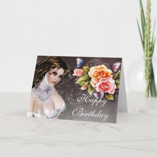 Fantasy Brunette met Rozen Birthday Kaart (Voorkant)