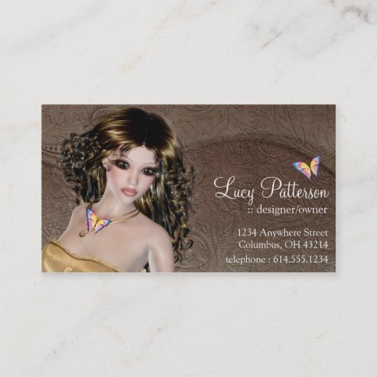 Fantasy Brunette Woman Butterfly Visitekaartje (Voorkant)