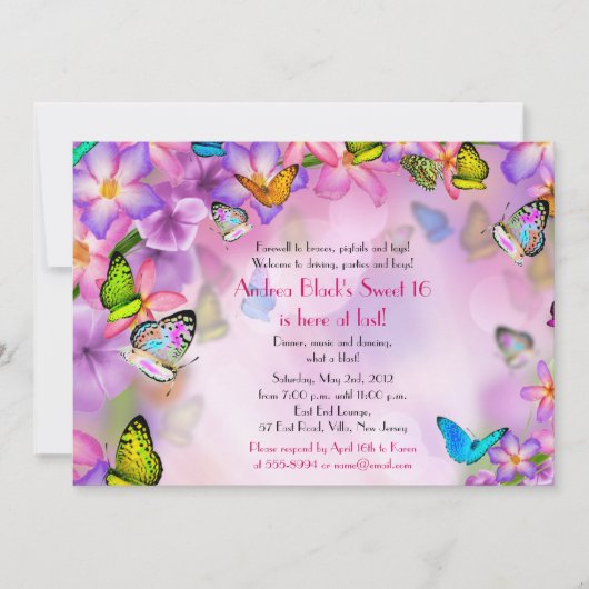 Fantasy Butterflies Flowers Sweet 16 Invitation Kaart (Voorkant)